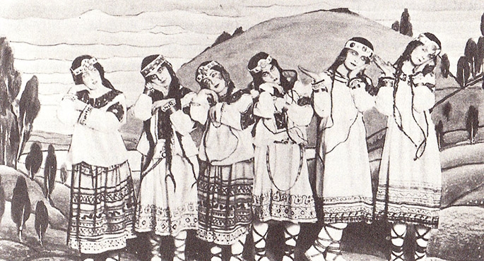 Tancerze w strojach ludowych podczas prapremiery „Święta wiosny” w des Champs-Elysée